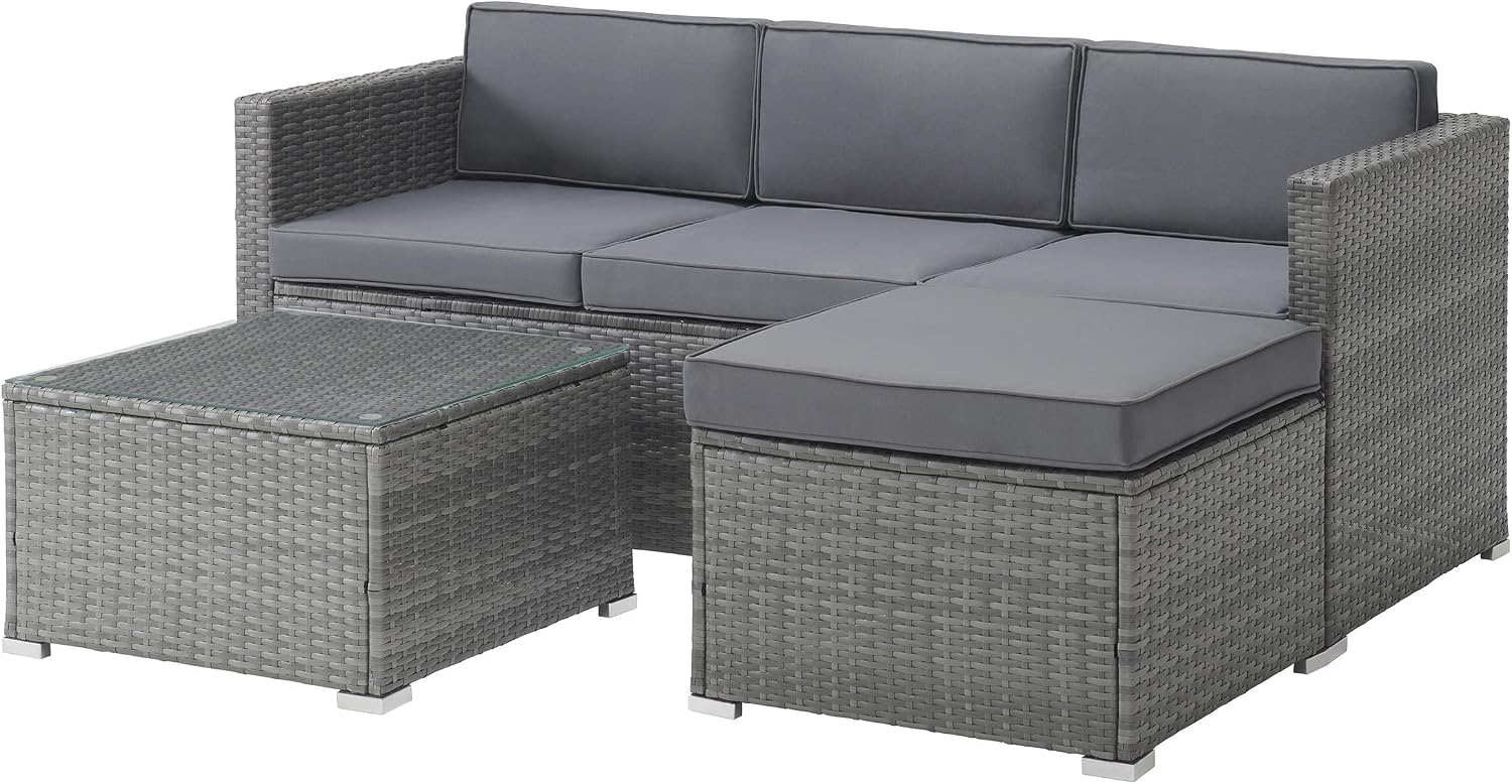 Patio Furniture Set - 3-Piece Rattan Outdoor Sectional, Ottoman, and Table Combo - Deck, Pool, Sunroom, or Backyard Furniture by Lavish Home (Gray)