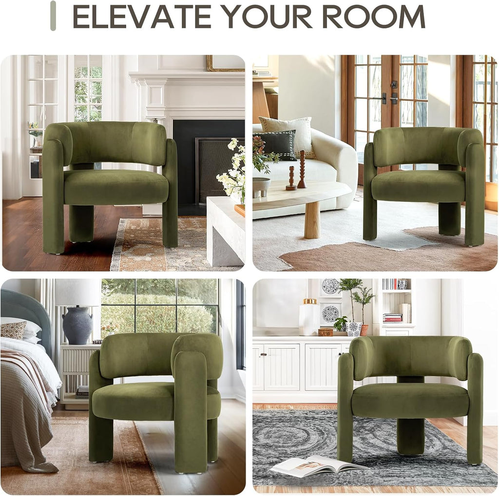 COLAMY Modern Velvet Accent Chair, Upholstered Barrel Chair, Comfy Side Arm Chair with 3 Legs for Living Room, Bedroom, Reading, Green