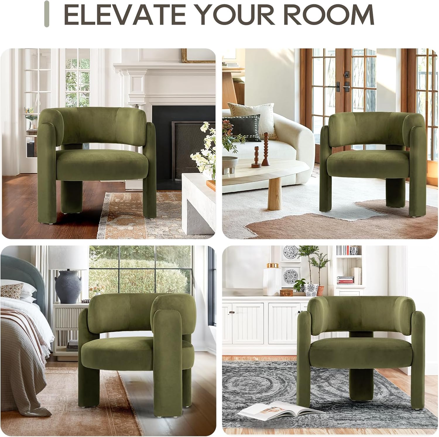 COLAMY Modern Velvet Accent Chair, Upholstered Barrel Chair, Comfy Side Arm Chair with 3 Legs for Living Room, Bedroom, Reading, Green