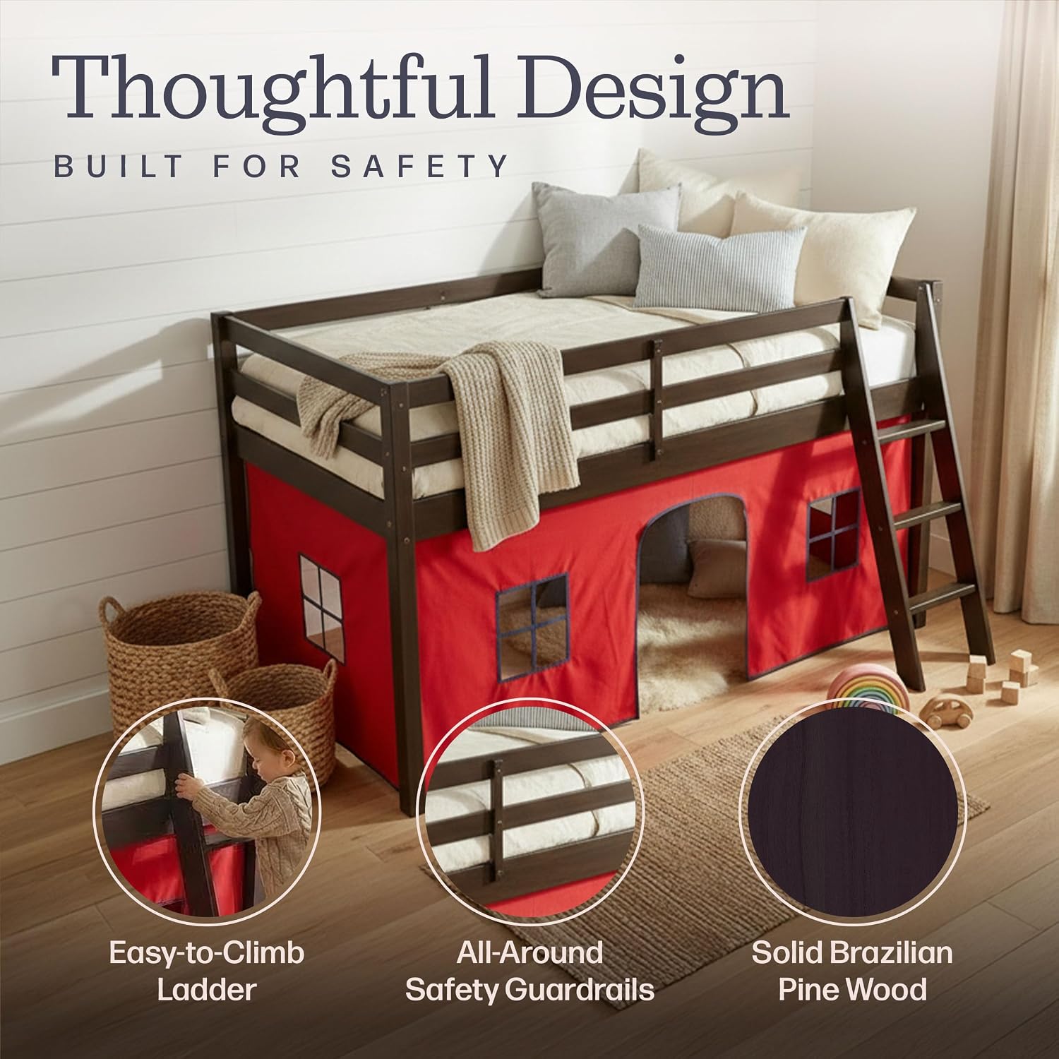 Alaterre Furniture Roxy Low Loft Bed Twin Size Frame with Tent - Solid Wood Loft Bed with Safety Guardrails, Inclined Ladder and Play Tent - No Box Spring Needed, Easy Assembly (Espresso & Red)