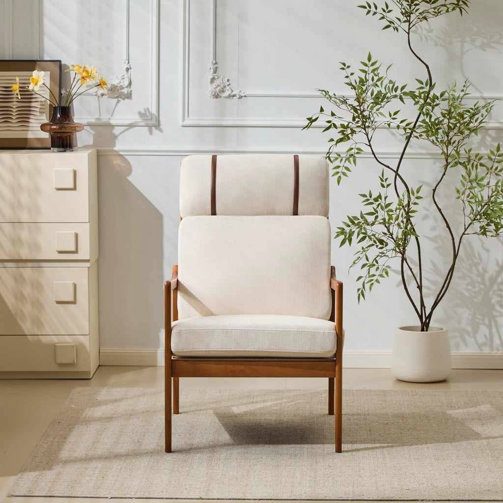 Christopher Knight Home Nadine Wooden Club Chair, Upholstered Accent Chair, Cushions Support Armchair, Comfy Lounge, Single Reading Sofa, Solid Wood Frame Armchair for Living Room Home, Beige+Teak