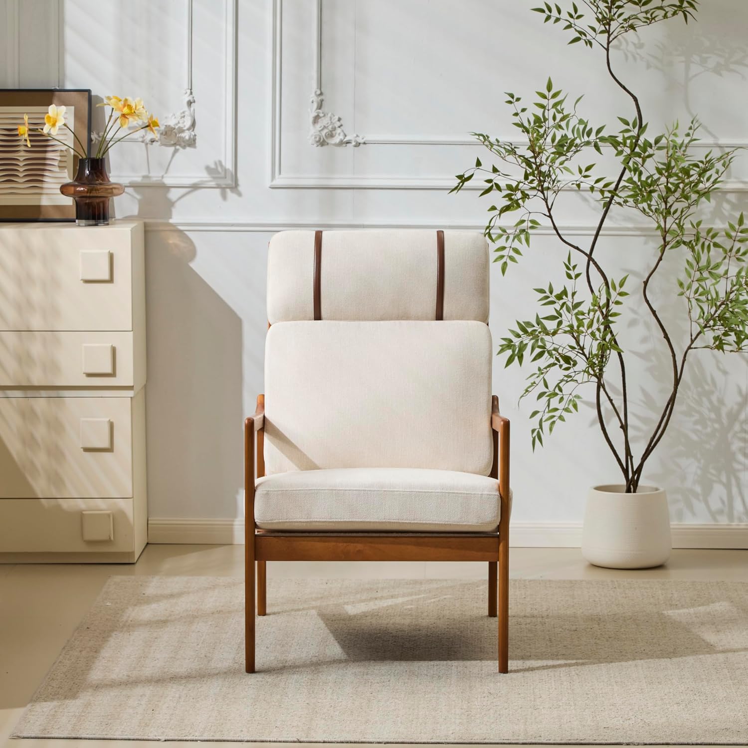 Christopher Knight Home Nadine Wooden Club Chair, Upholstered Accent Chair, Cushions Support Armchair, Comfy Lounge, Single Reading Sofa, Solid Wood Frame Armchair for Living Room Home, Beige+Teak