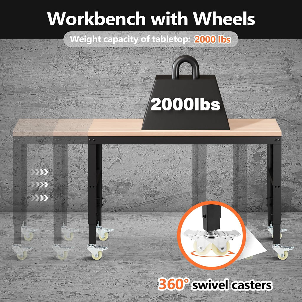 Antifir 60' Adjustable Workbench，Heavy Duty Wood Work Bench 2000 Lbs Load Capacity,Work Table with Power Outlet and Wheels for Garage, Workshop, Office, Home