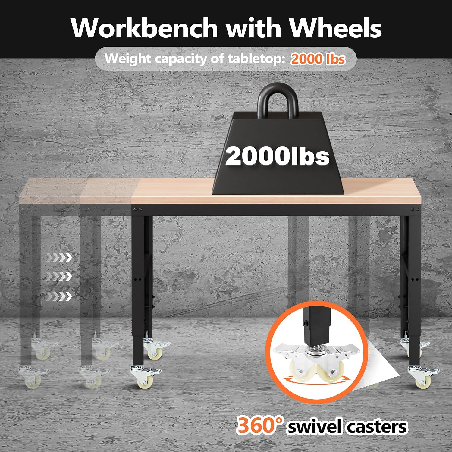 Antifir 60' Adjustable Workbench，Heavy Duty Wood Work Bench 2000 Lbs Load Capacity,Work Table with Power Outlet and Wheels for Garage, Workshop, Office, Home