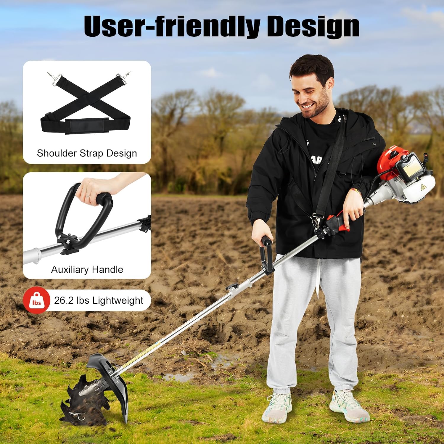 Garden Tiller Cultivator 52CC 2 Stroke Gasoline Powered Land Cultivator Yard Tiller Rototiler for Garden Lawn Digging Weed Removal Soil Cultivation