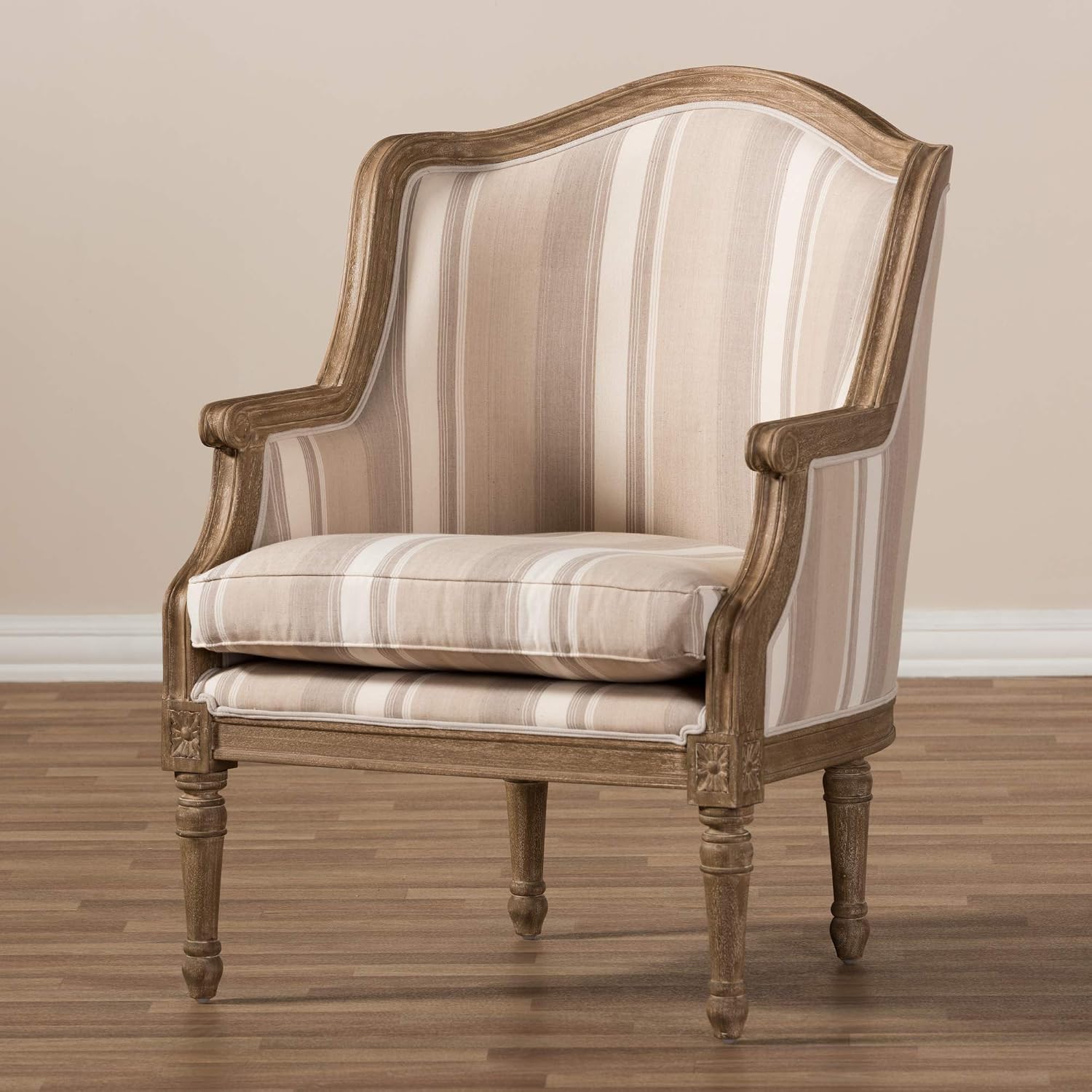 Baxton Studio Striped Charlemagne Traditional French Accent Chair, Oak Brown