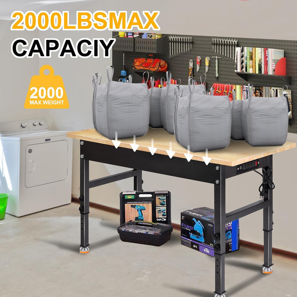 48' Adjustable Work Bench, Rubber Wood Top Workbench Heavy-Duty Work Table with Power Outlet, 2000 LBS Load Capacity Hardwood Work Benches for Garage, Workshop, Home, Office, Easy Assembly