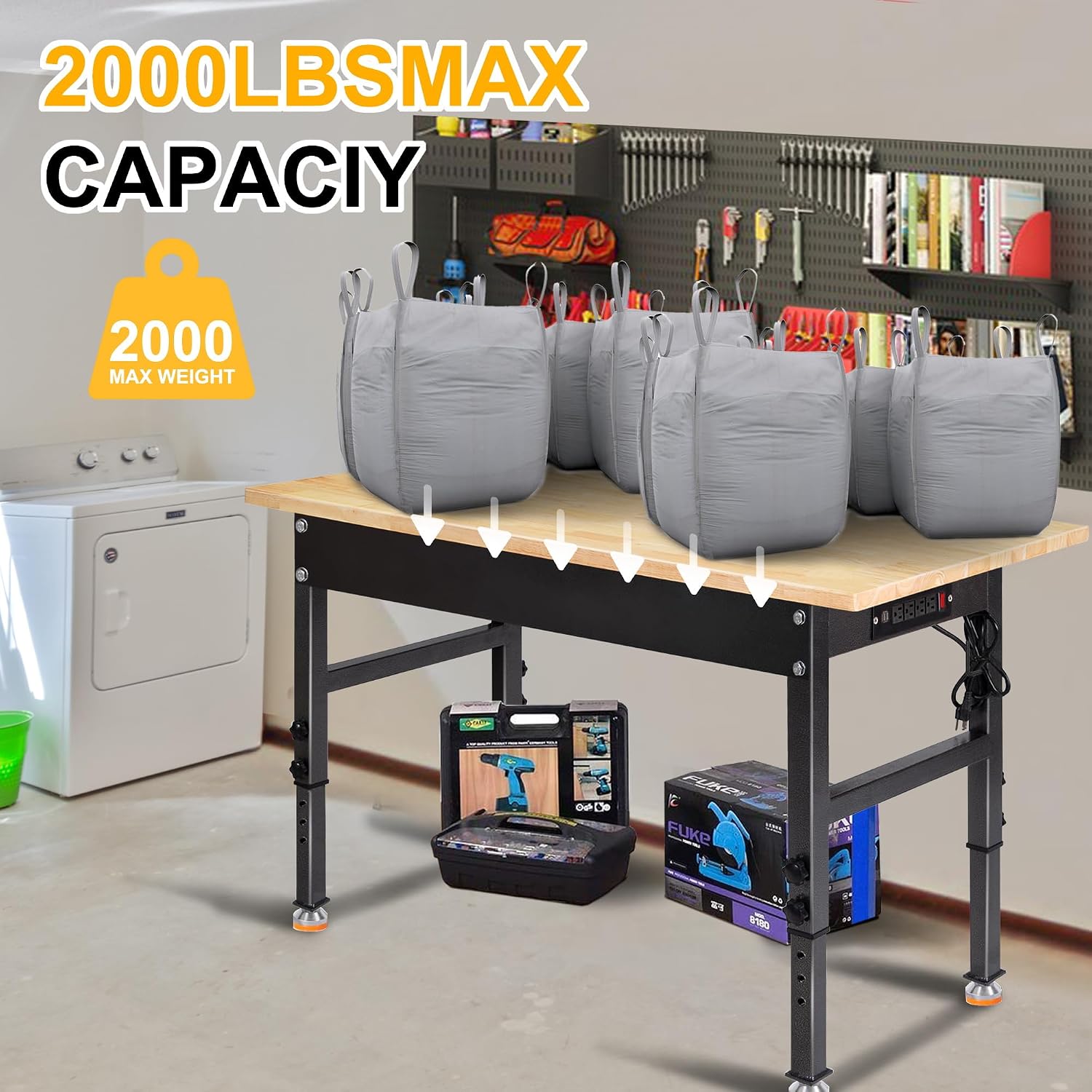 48' Adjustable Work Bench, Rubber Wood Top Workbench Heavy-Duty Work Table with Power Outlet, 2000 LBS Load Capacity Hardwood Work Benches for Garage, Workshop, Home, Office, Easy Assembly
