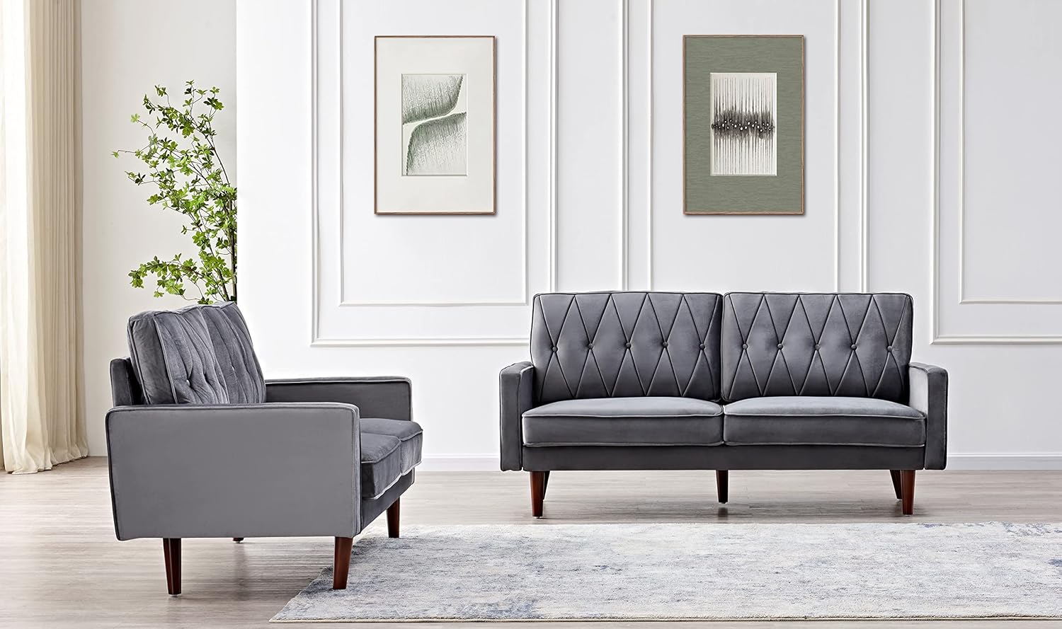 Container Furniture Modern Style Tufted Velvet Couches for Living Room with Soft Fabric Upholstery and Solid Wood Frame, 2 Piece Sofa and Loveseat Set, Grey