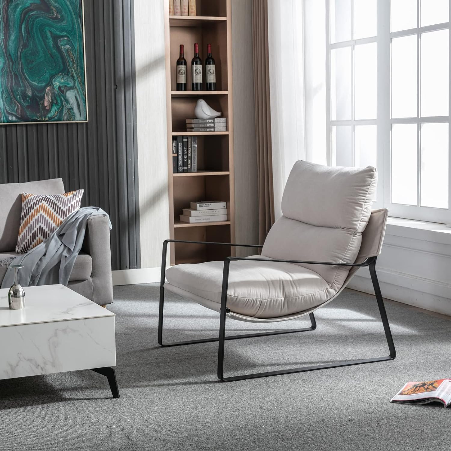 Ya-Home Mid-Century Accent Chair, Comfy Side Chair with Armrest, Chenille Fabric Upholstered Leisure Chair with Black Metal Frame for Living Room Bedroom Reception Room, White