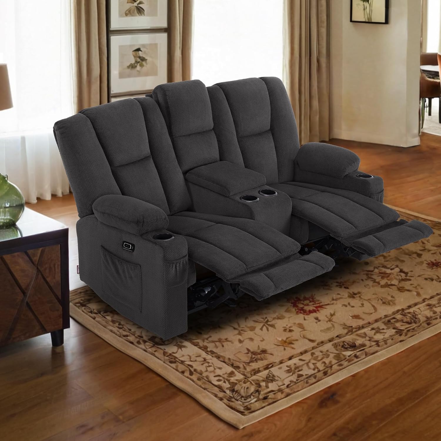 MCombo Zero Gravity Power Loveseat Sofa with Console, Heat and Massage, Reclining Loveseat for Living Room, Fabric 6035SET (Grey, Loveseat with Console)