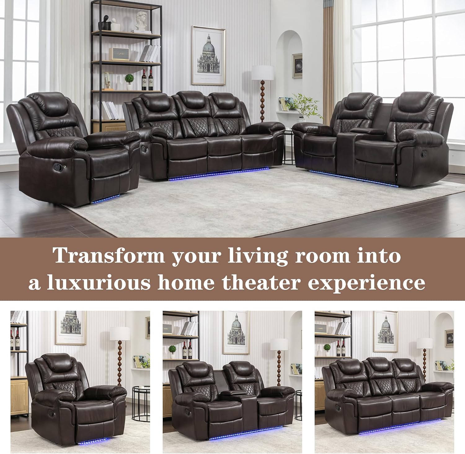ERYE Manual Recliner Chair with LED Light Strip for Living Room, Bedroom, Manual Reclining Home Theater Seating Armchair, Faux Leather Tufted