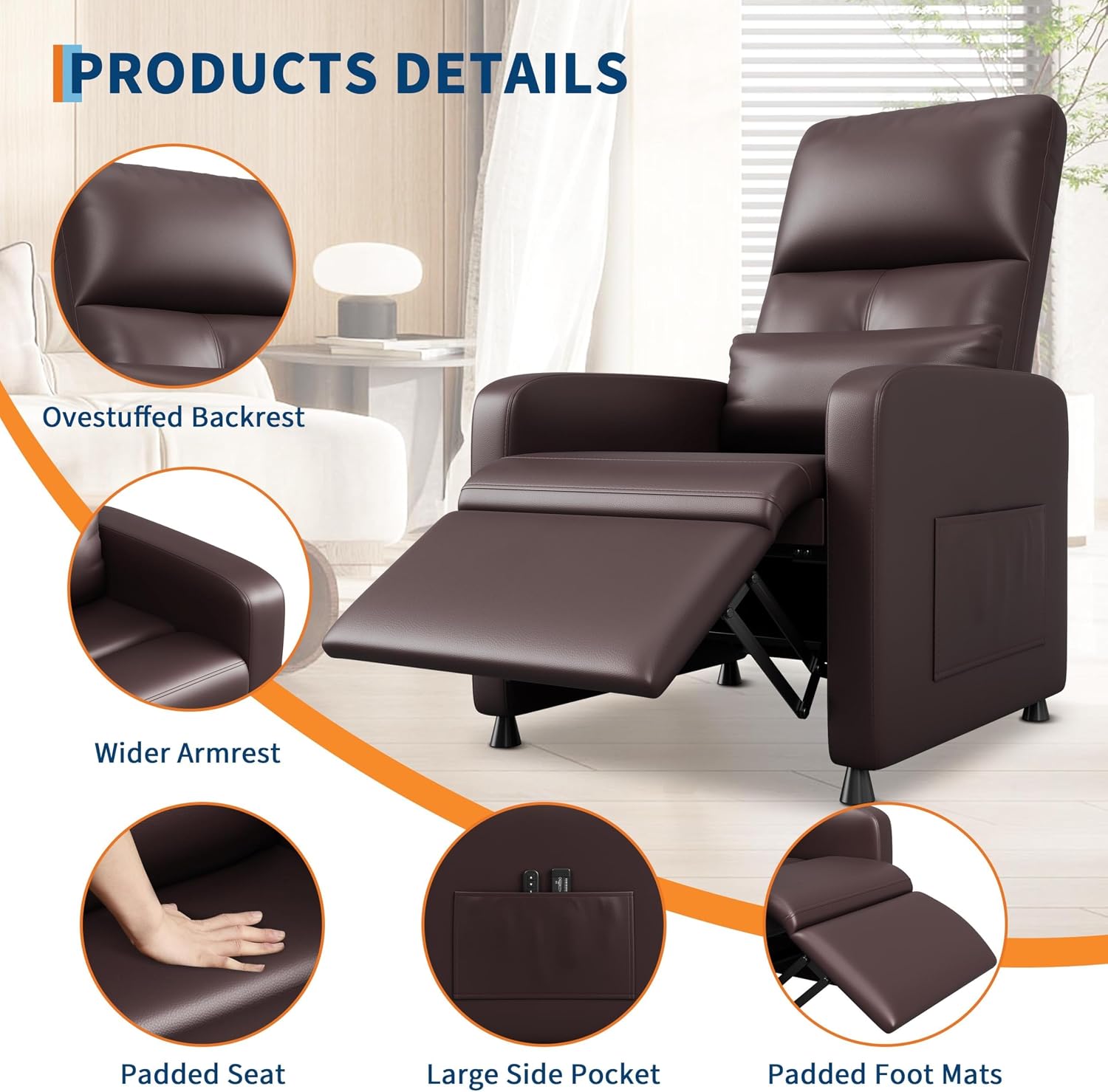 Power Recliner Chair, Electric Recliner with Memory Function & USB Port, Overstuffed PU Leather Living Room Chair with Side Pockets, Ergonomic Home Theater Seating Brown