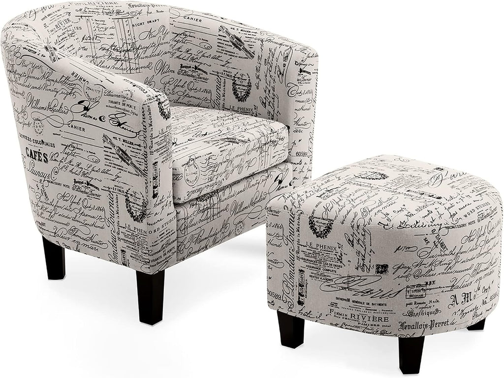Belleze Accent Tub Chair Curved Back French Print Script Linen Fabric w/ Ottoman Modern Stylish Round Armrest, Beige