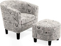 Belleze Accent Tub Chair Curved Back French Print Script Linen Fabric w/ Ottoman Modern Stylish Round Armrest, Beige