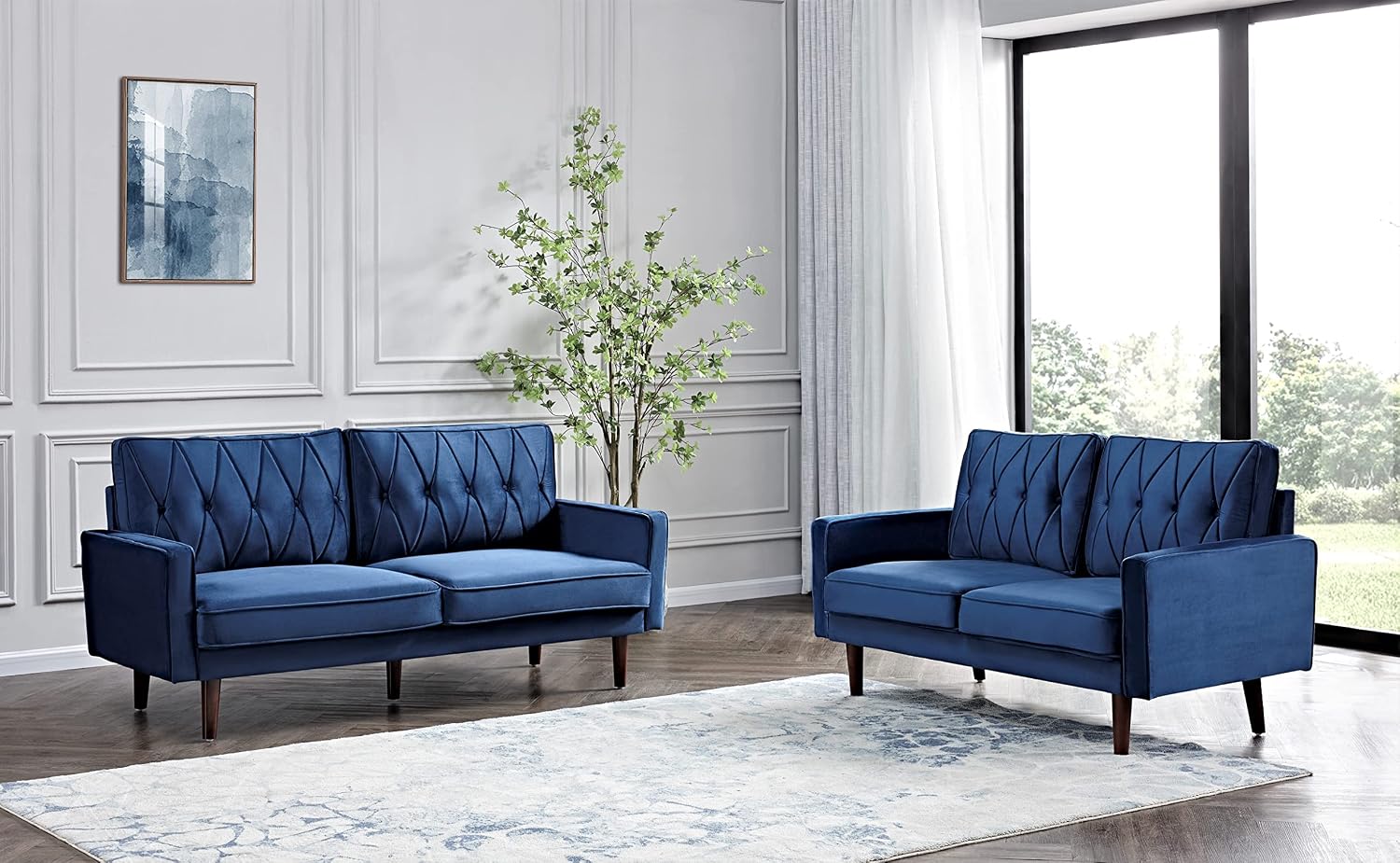 Container Furniture Modern Style Tufted Velvet Couches for Living Room with Soft Fabric Upholstery and Solid Wood Frame, 2 Piece Sofa and Loveseat Set, Dark Blue