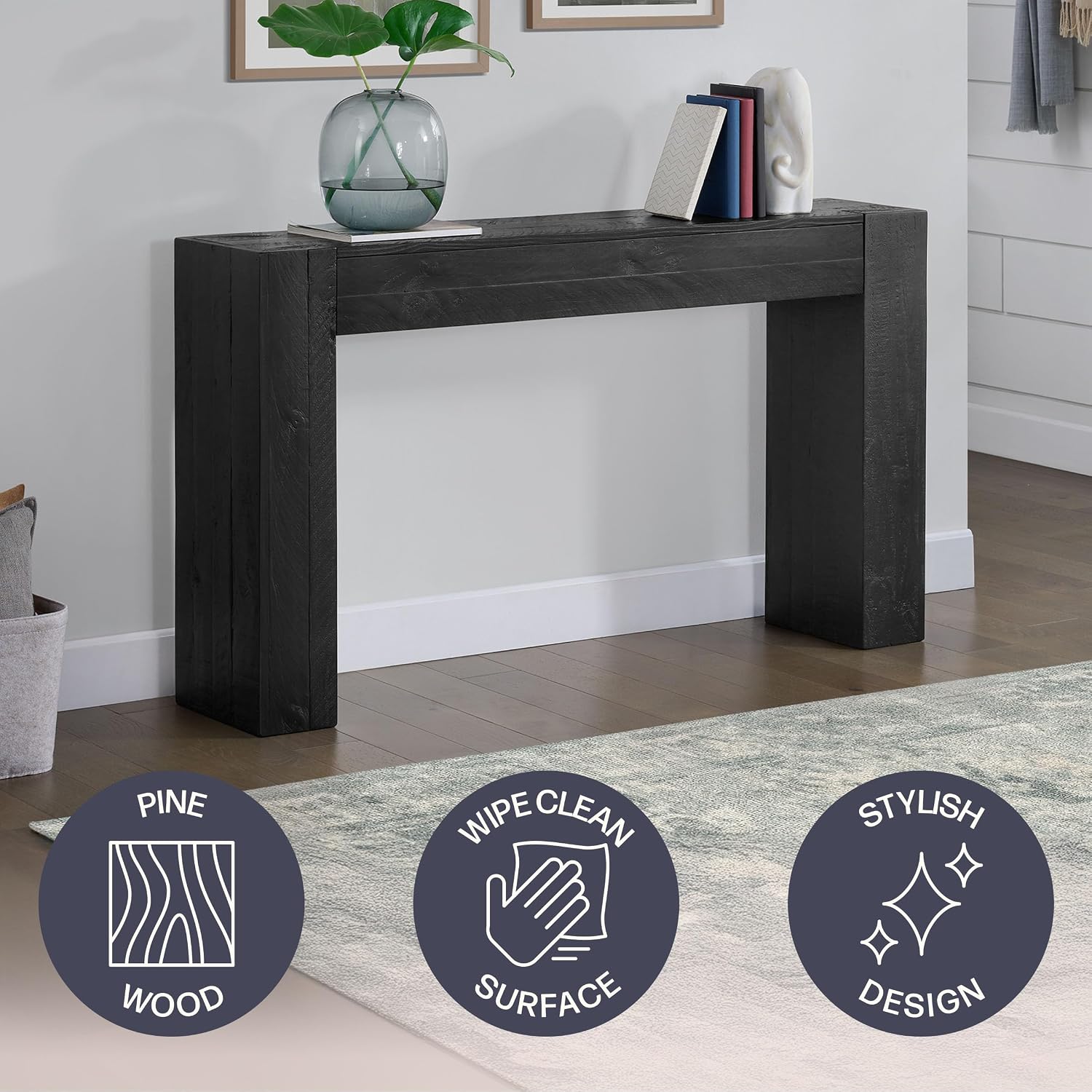 Alaterre Furniture Stockyard Solid Wood Console Table - 56 Inch Modern Farmhouse Entryway Table - Easy Assembly Living Room Furniture for Behind the Couch, Entryway, or Hallway (Black)