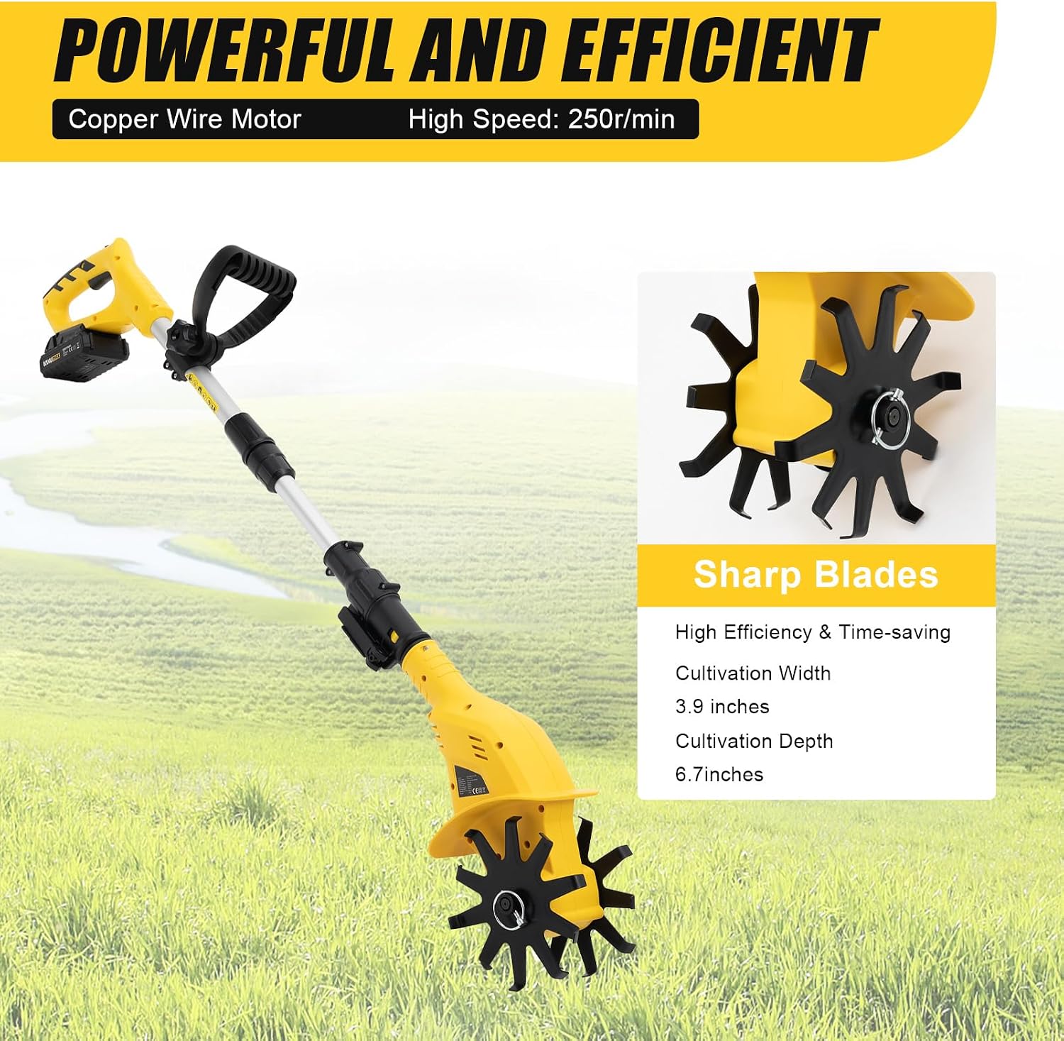 20V Cordless Tiller Cultivator, Handheld Electric Rototiller, 6.6In Depth Garden Rototiller for Lawn/Gardening/Soil Cultivation(Battery and Charger Included)