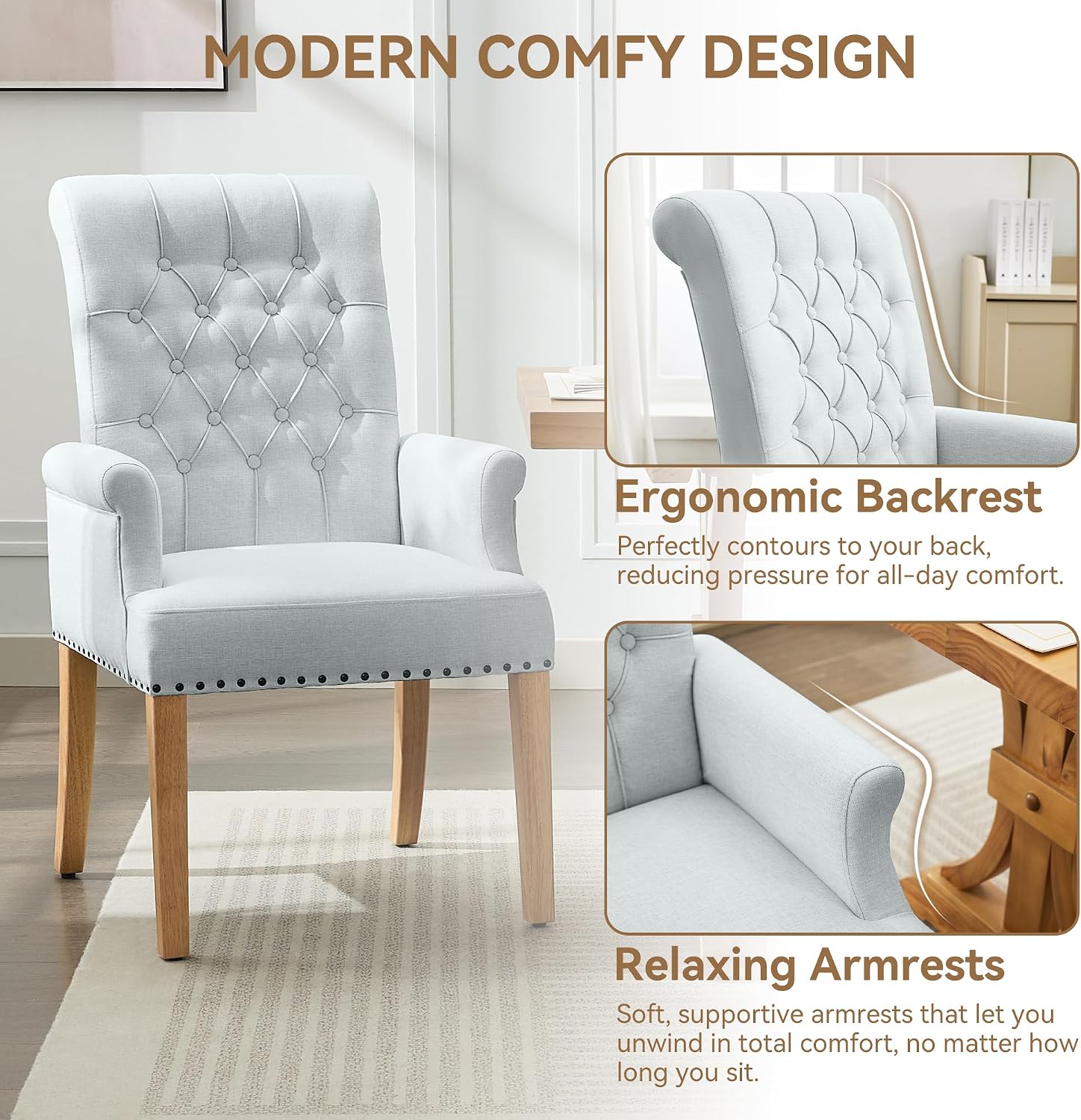 WUTUTUEE Fabric Dining Chair with Arms, Upholstered Tufted High Back Dining Room Chairs, Accent Armchair with Solid Wood Leg and Nailhead Trim, Kitchen Dining Living Room, Sky Blue