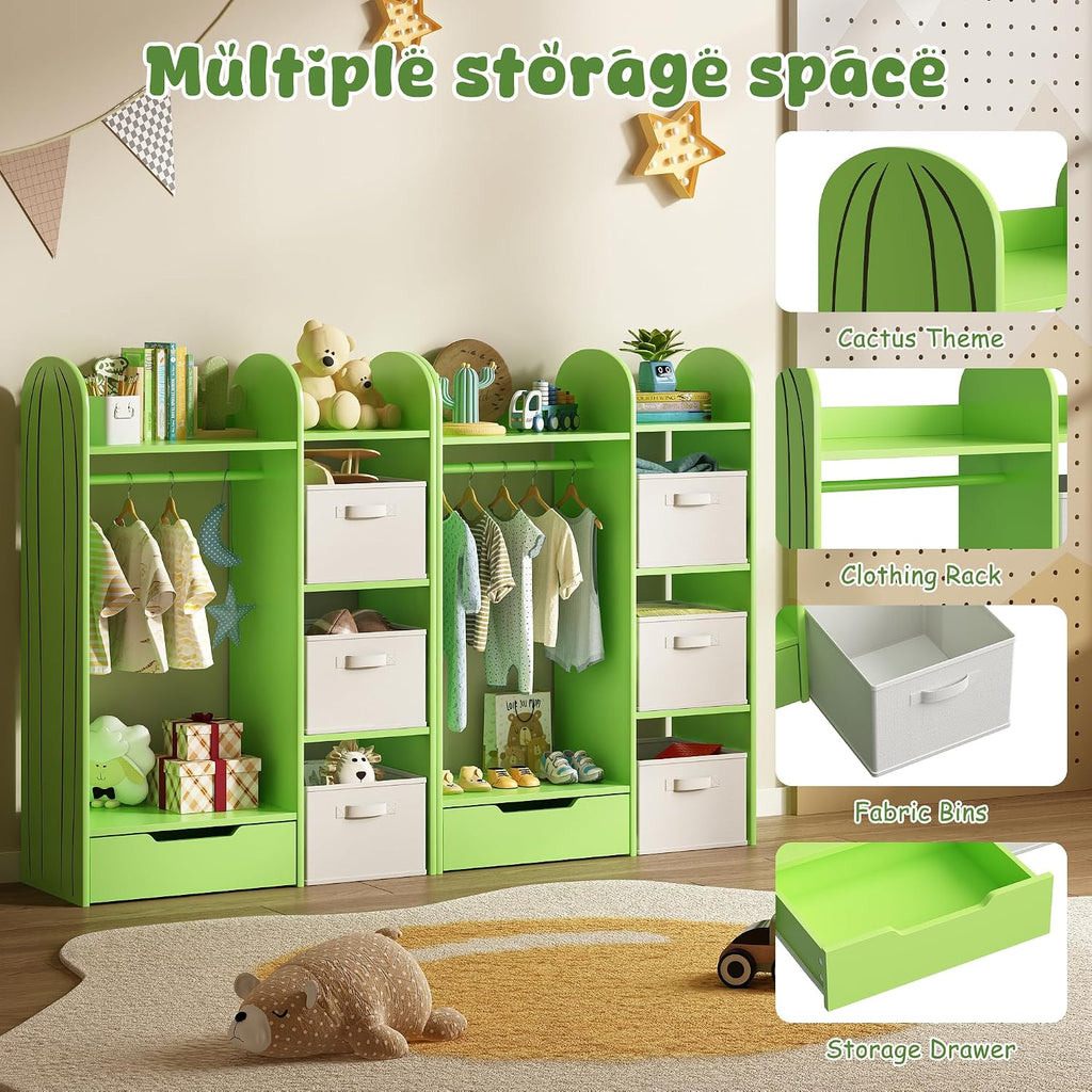 BVIUNTWO Wooden Kids Dress Up Storage Center,Set of 2 Green Cactus Themed Open Wardrobe Closet with Hanging Rod, Bottom Drawer,Children's Costume Organizer & Garment Rack for Playroom,Bedroom