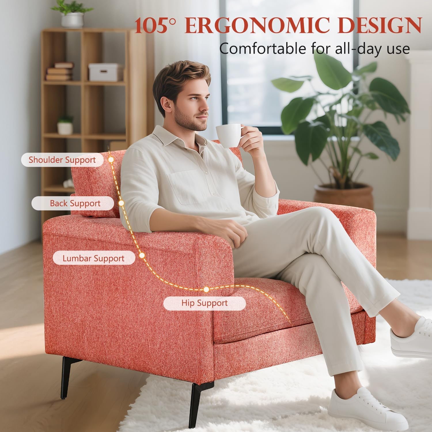 CDCASA Accent Chair, Linen Fabric Oversized Mid Century Modern Chair Set of 2, Comfy Upholstered Armchair Reading Accent Chairs Sofa Chairs for Bedroom Living Room, Coral Pink