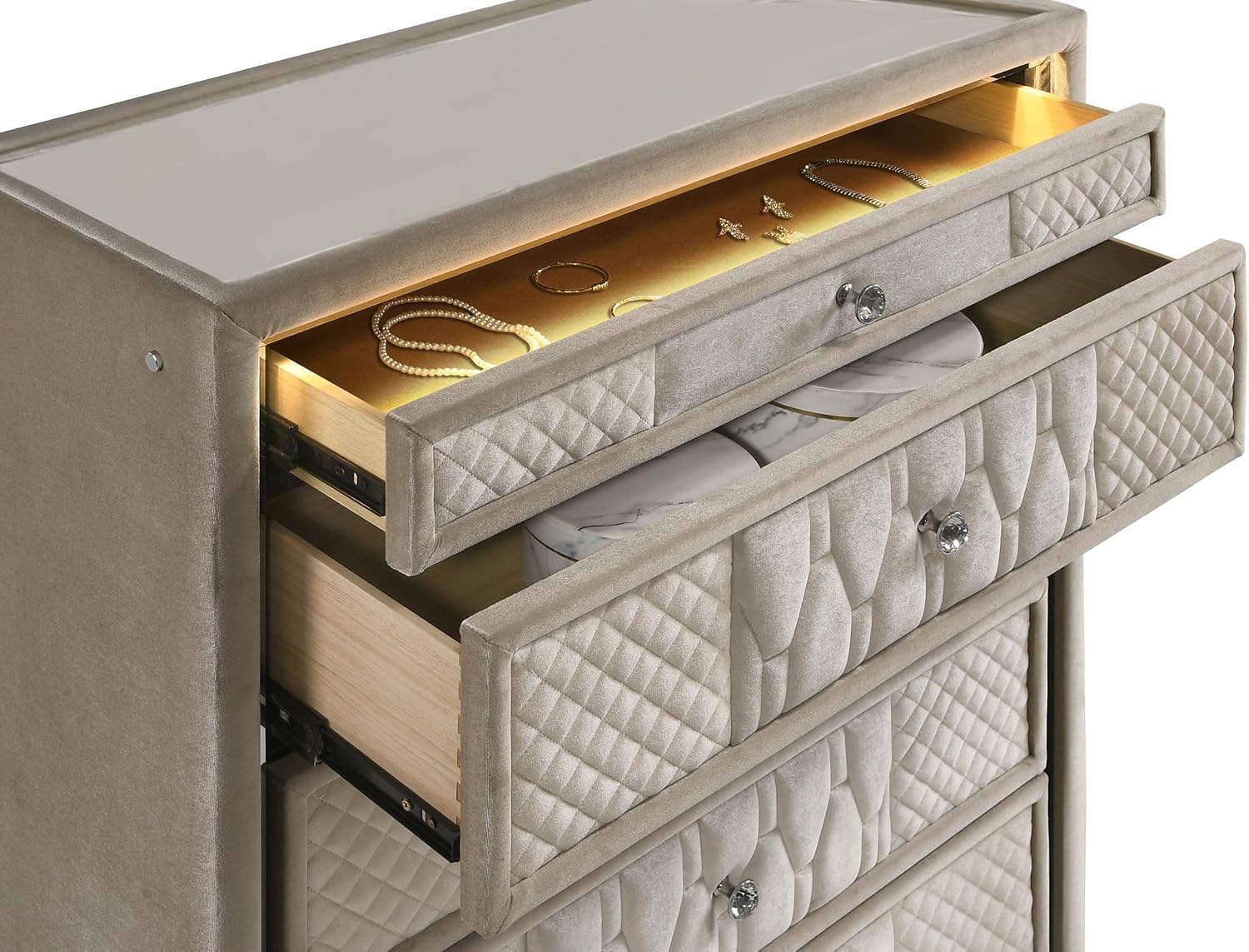 Coaster Home Furnishings - Lorient - Wood and Velvet - 5-Drawer Chest with Built-in LED Lighting, Crystal Knobs and English Dovetail Joinery - Bedroom - Ivory and Camel - 222665