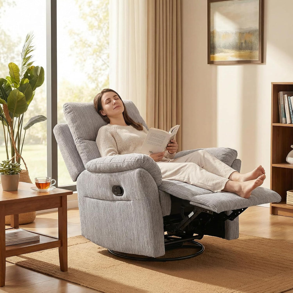 Oversized Rocker Recliner Chair, Manual Swivel Rocking Recliners with Adjustable Backrest Footrest for Adults, 360° Swivel Lazy Boy Recliner Chairs for Living Room, Reading, Bedroom, Beige