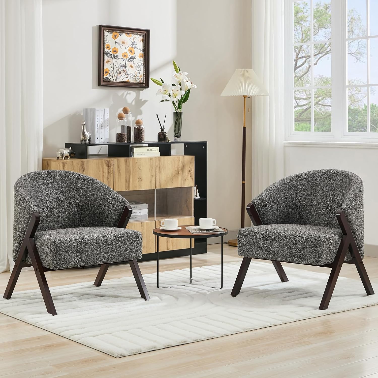 Garvee Accent Chair Mid Century Modern Chair Linen Fabric Living Room Chairs with Wood Frame Comfy Upholstered Reading Side Chair Easy Assembly for Bedroom