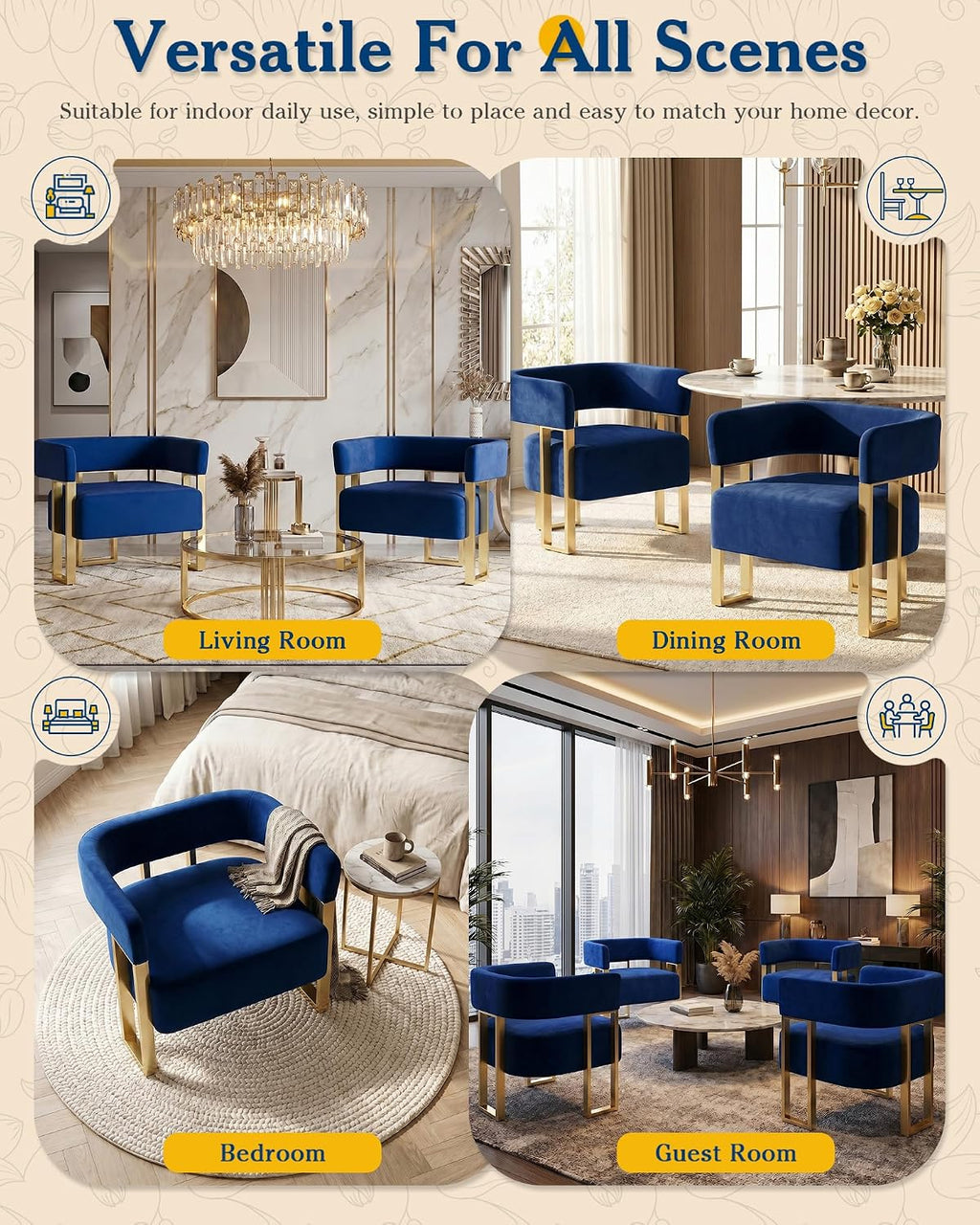 AODAILIHB Blue Modern Accent Chair, Velvet Barrel Chairs with Gold Metal Legs - Upholstered Armchairs for Living Room, Bedroom, Lounge & Waiting Room