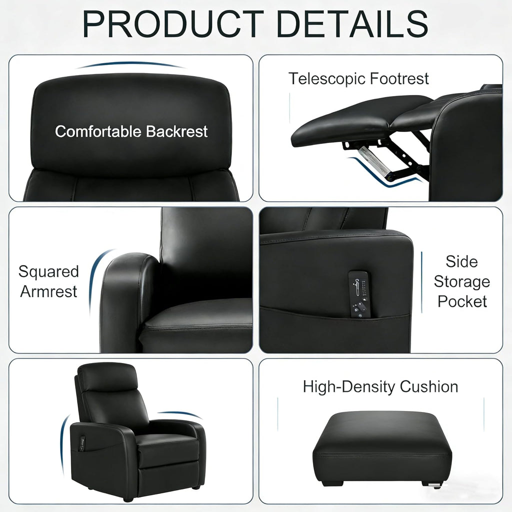 Simple Deluxe Massage Recliner Chair - Adjustable PU Leather Recliner, Luxe Reading Chair & Sofa Chair for Living Room Chairs or Bedroom Chair, Small Recliner for Home Theater, Black