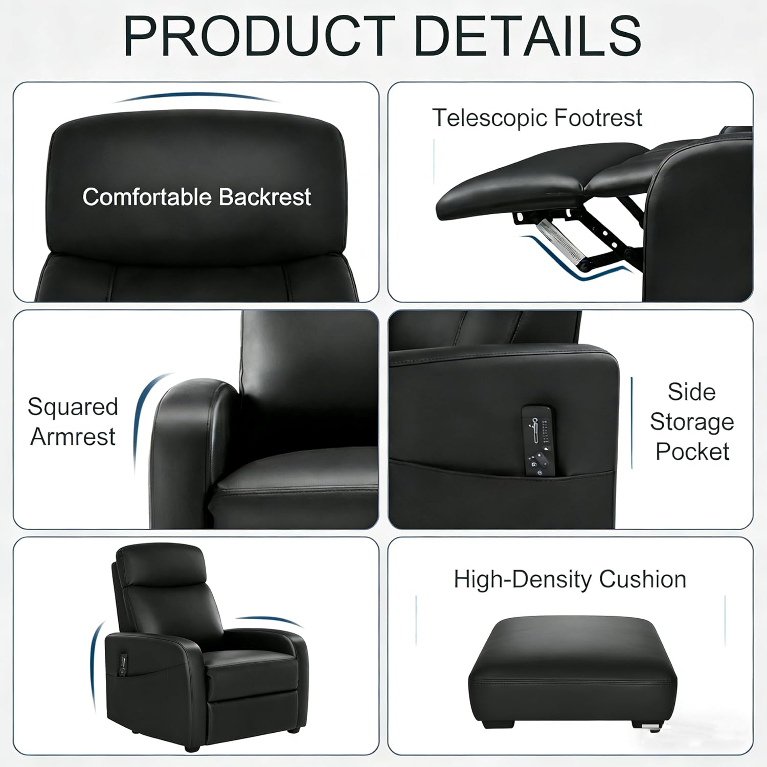 Simple Deluxe Massage Recliner Chair - Adjustable PU Leather Recliner, Luxe Reading Chair & Sofa Chair for Living Room Chairs or Bedroom Chair, Small Recliner for Home Theater, Black