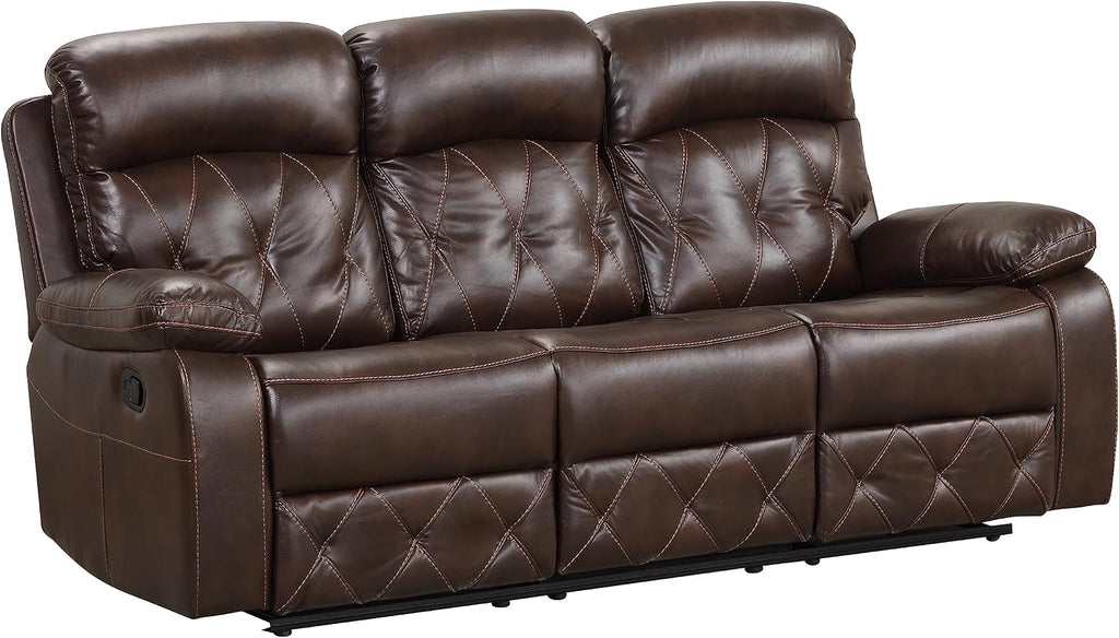 24/7 Shop at Home Skylar Transitional Breathable Leather Recliner Sofa with Diamond Stitching, Manual Home Theater Seating for Living Room, Bedroom, Brown