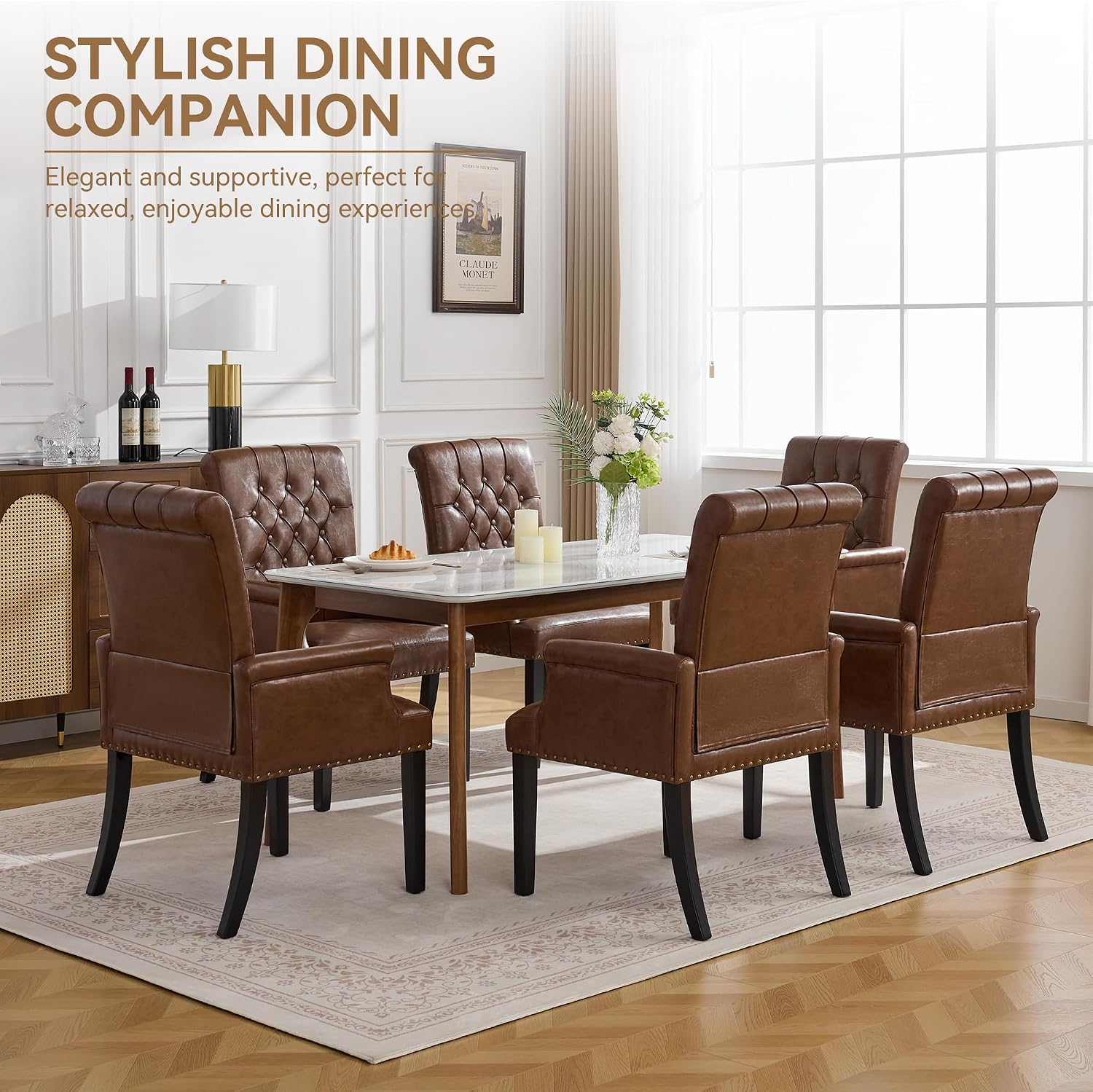 WUTUTUEE PU Leather Dining Chair with Arms, Upholstered Tufted High Back Dining Room Chairs, Accent Armchair with Solid Wood Leg and Nailhead Trim, Kitchen Dining Living Room, Coffee