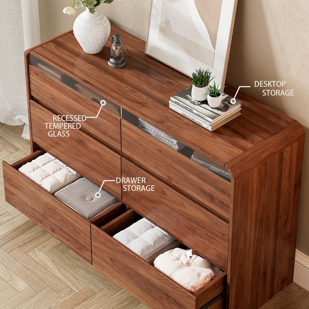 Ieejdn 47.2' Dresser with 6 Drawer, Wide Dresser with Recessed Glass Display & Silent Metal Rails, Handleless Chest of Drawers for Clothes, and Bedding, Walnut