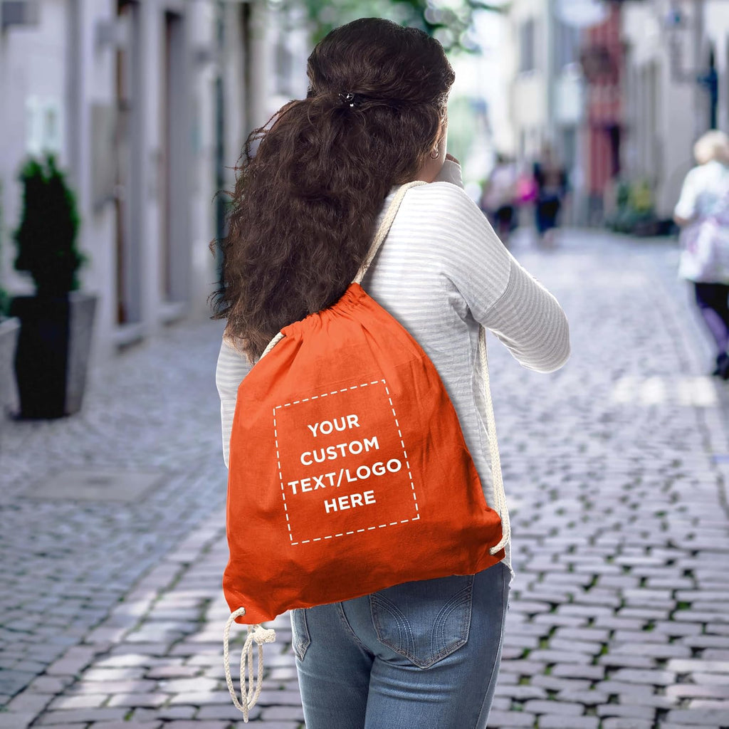 DISCOUNT PROMOS Custom Cotton Drawstring Backpacks Set of 50, Personalized Bulk Pack - Bring Everywhere You Go and For Everyday Use - Orange