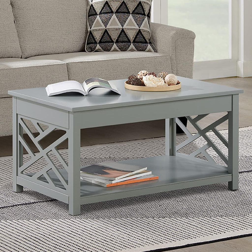 Coventry 36 in. W Wood Coffee Table, Traditional Modern Design, Includes Open Detailing & Storage Shelf, Gray Finish, Cottage, Loft, Apartment, Accent Furniture, End Table, Side Table