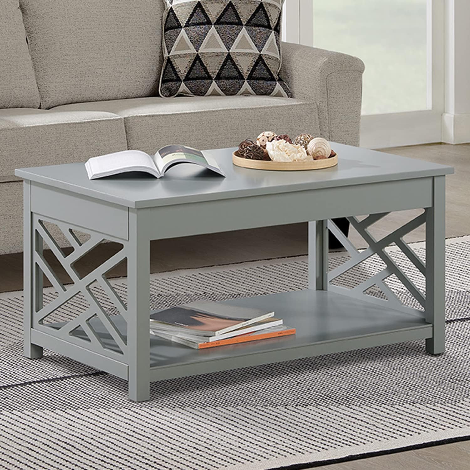Coventry 36 in. W Wood Coffee Table, Traditional Modern Design, Includes Open Detailing & Storage Shelf, Gray Finish, Cottage, Loft, Apartment, Accent Furniture, End Table, Side Table