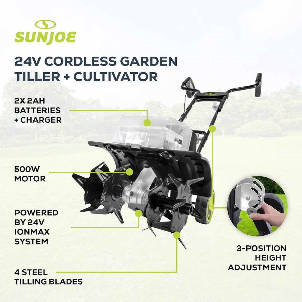 Sun Joe 24V Cordless Garden Tiller Cultivator Kit with Battery and Charger for Weeding, Soil Aeration and Prepping Plant Beds, Black, 24V-X2-TLR14