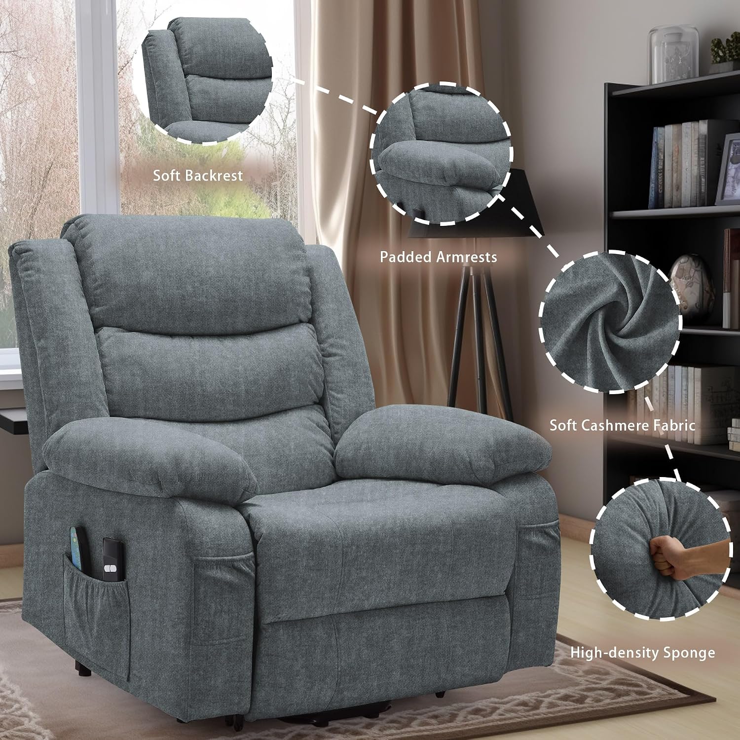 Korser Oversized Power Lift Recliner for Elderly, Electric Recliner Chairs with Massage and Heat, Extra Wide Recliner with Side Pockets, Reclining Chair for Living Room (Cashmere, Grey)