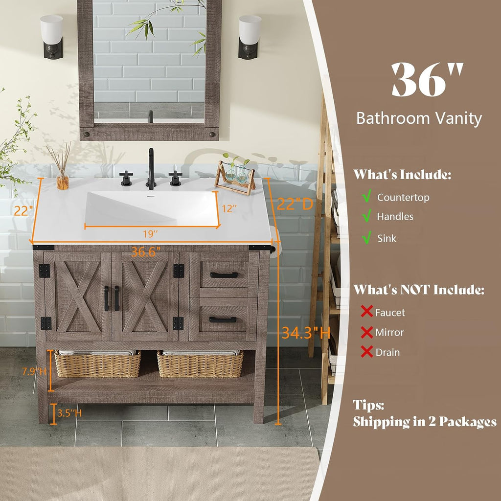 AMERLIFE 36' Farmhouse Bathroom Vanity with Sink Combo, Wood Barn Door Freestanding Small Single Bath Storage Cabinet Set with Sliding Drawers & Open Shelf, Paper Towel Holder, Light Gray