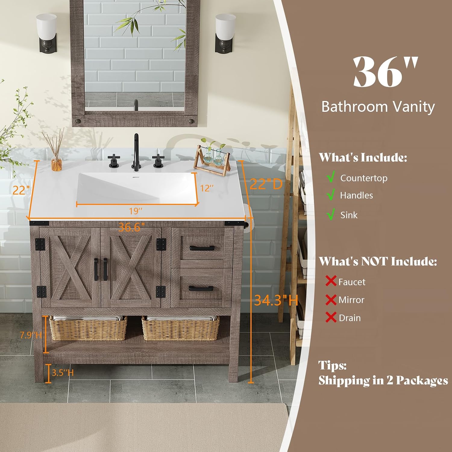 AMERLIFE 36' Farmhouse Bathroom Vanity with Sink Combo, Wood Barn Door Freestanding Small Single Bath Storage Cabinet Set with Sliding Drawers & Open Shelf, Paper Towel Holder, Light Gray