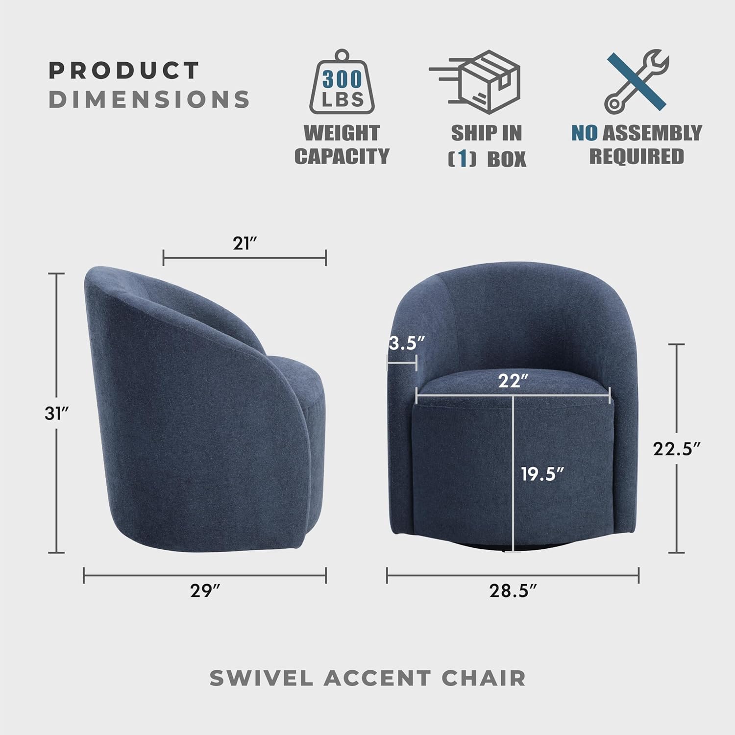 Lexicon 360 Degree Swivel Accent Chair, Boucle Fabric Arm Chair with Metal Swivel Base and Sloped Arms for Living Room/Bedroom/Office, Blue