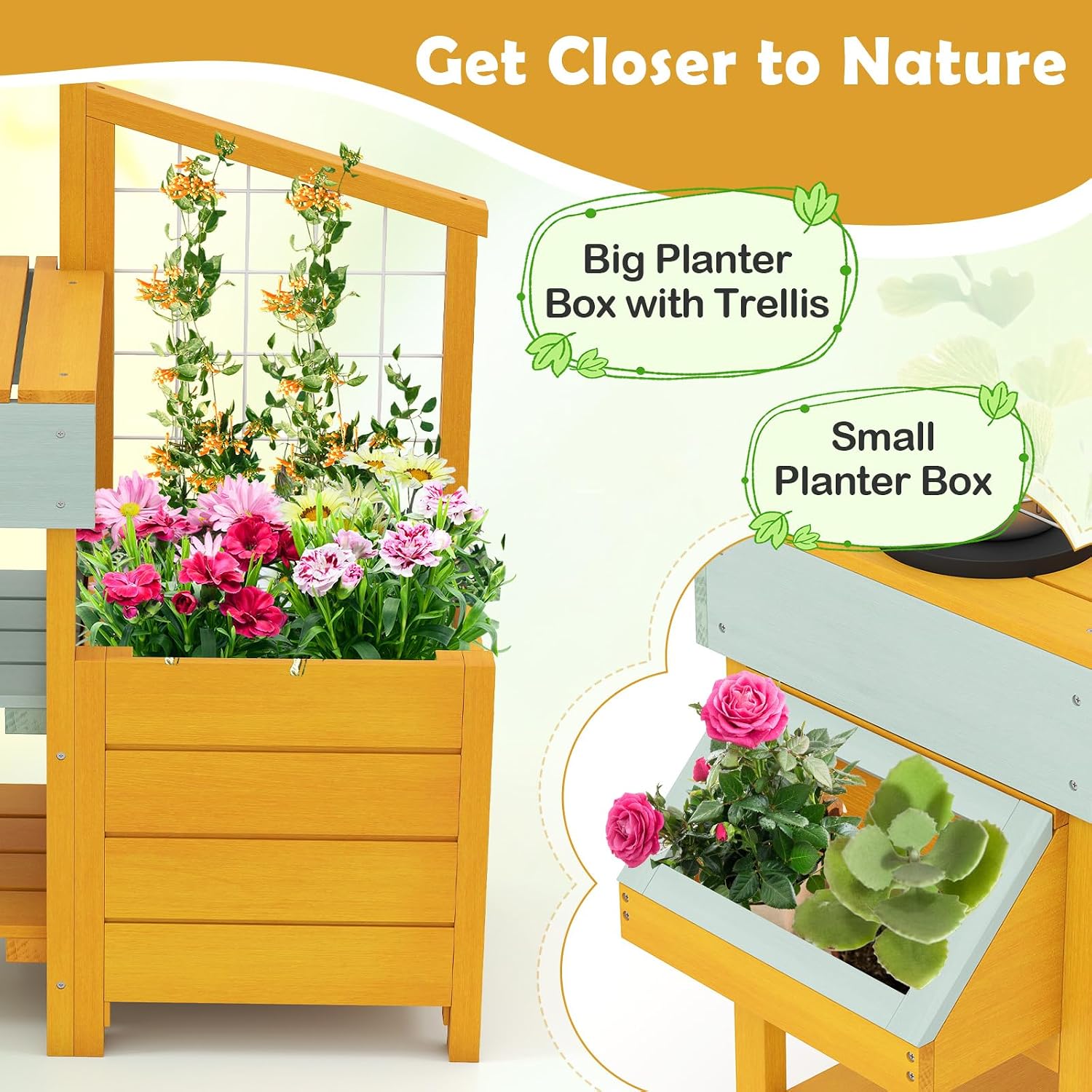 Costzon Mud Kitchen, Wooden Kids Potting Bench w/Removable Faucet, Sink, Stoves, Rotation Knobs, Planter Boxes, Trellis & Cooking Accessories, Mud Kitchen for Kids Outdoor 3-8 (Yellow)