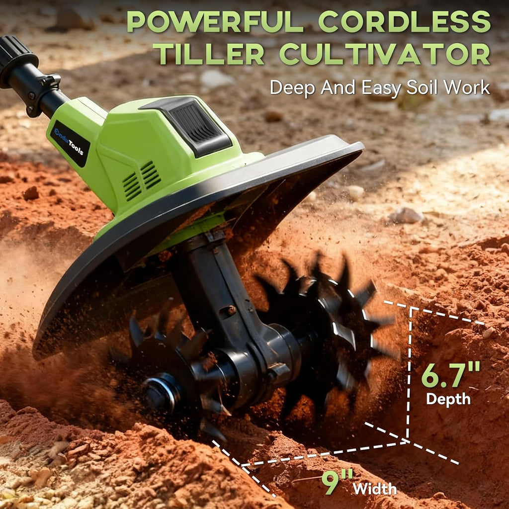 Cordless Tiller Cultivator - 21V 360RPM Electric Garden Tiller with 2 * 4.0Ah Batteries & Fast Charger, 9In Tilling Width and 6.7In Depth, Tiller for Gardening, Lawn, Soil