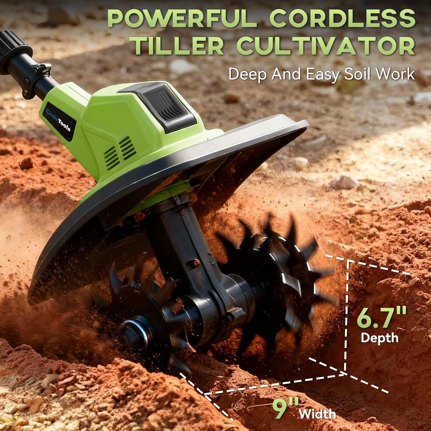 Cordless Tiller Cultivator - 21V 360RPM Electric Garden Tiller with 2 * 4.0Ah Batteries & Fast Charger, 9In Tilling Width and 6.7In Depth, Tiller for Gardening, Lawn, Soil