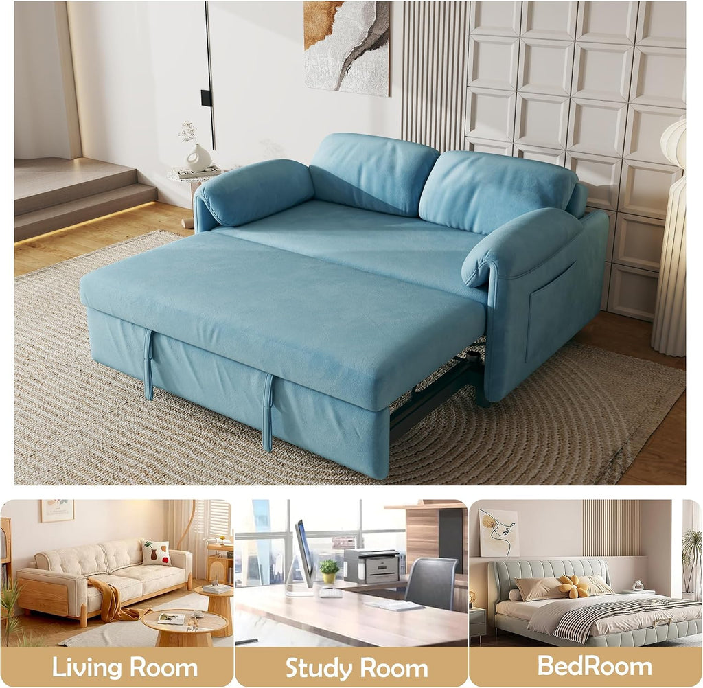KEIKI 3 in 1 Convertible Pull Out Sofa Bed with Adjustable Backrest & Side Pockets, Velvet Recliner Couch Sleeper Sofa Chair for Living Room, Small Spaces, Full, Blue