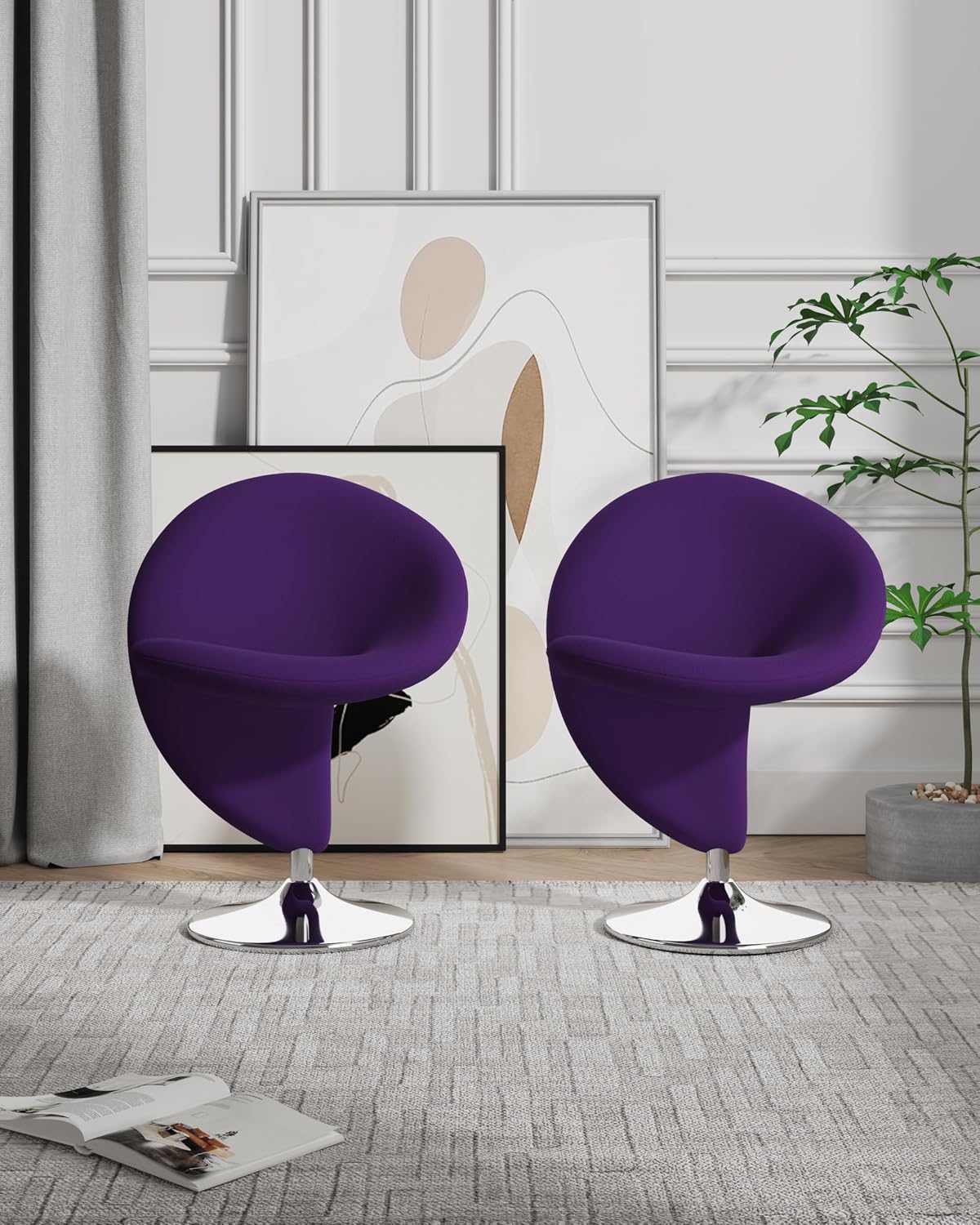 Manhattan Comfort Curl Swivel Accent Chair Set of 1 with 360° Turn, Fully Assembled, Upholstered in Wool Blend, Modern Ergonomic Design with Polished Chrome Base, Set of 1, Purple