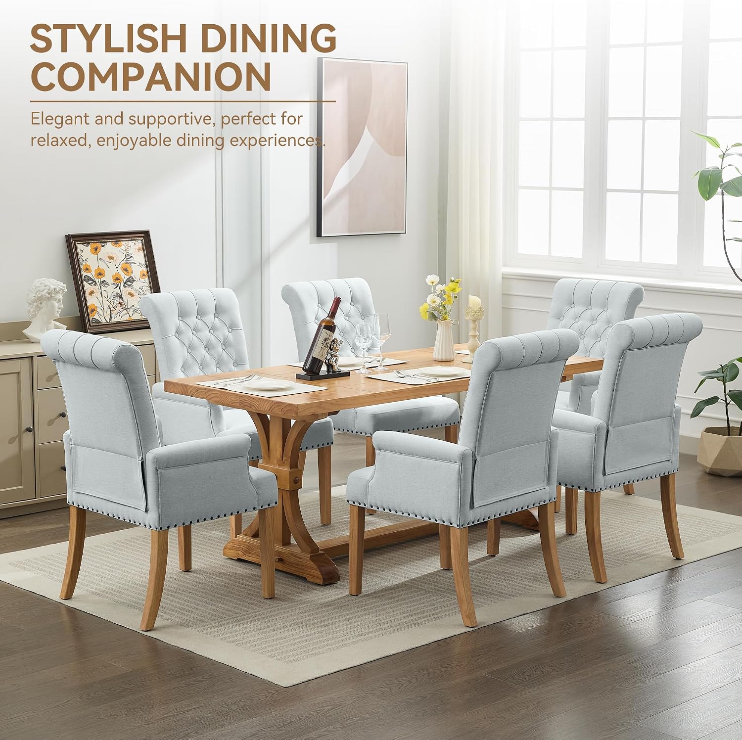 WUTUTUEE Fabric Dining Chair with Arms, Upholstered Tufted High Back Dining Room Chairs, Accent Armchair with Solid Wood Leg and Nailhead Trim, Kitchen Dining Living Room, Sky Blue