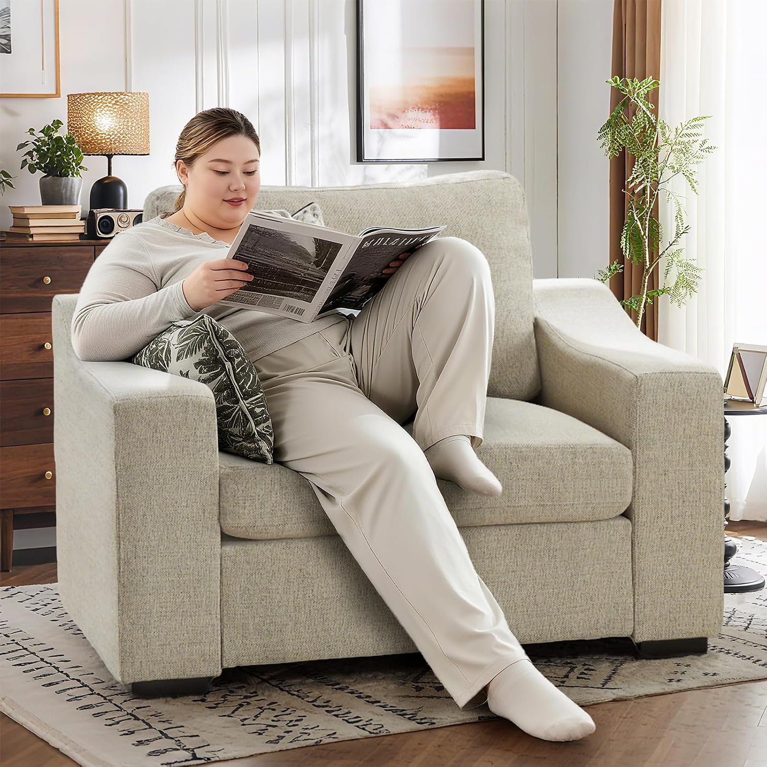 ELUCHANG 47' W Oversized Accent Chairs Set of 2, Linen Fabric Modern Chair with Deep Seat, Comfy Upholstered Large Armchair Sofa Chair and a Half, Reading Chair for Living Room Bedroom Office,Oatmeal