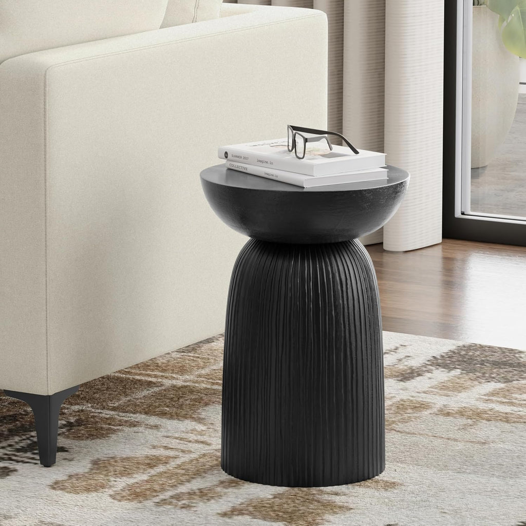 SIMPLIHOME Boyd End Table - 13 inch Wide Solid Mango Wood Round Accent Table with Line Texture in Black, Contemporary Small Nightstand or Lamp Stand for Living Room, Bedroom, or Office, Assembled